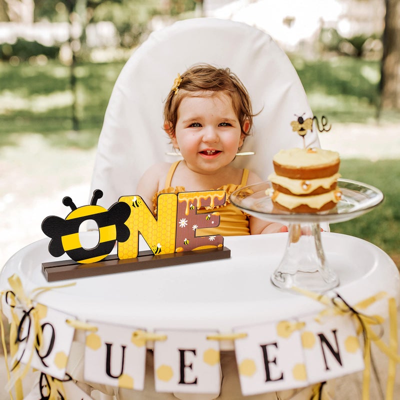 OSNIE Bumble Bee ONE Letter Sign Wooden Table Centerpieces Sweet Bee Party Decor for Baby Boys Girls Summer Honey Theme 1st Birthday Milestone Baby Shower Cake Smash Photo Props for One Year Old - Image 5